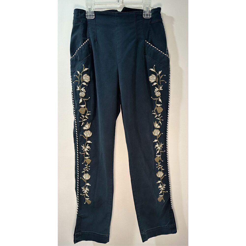 Anthropologie women navy blue side zip pants w/embroidery detail size 4 #4-1709